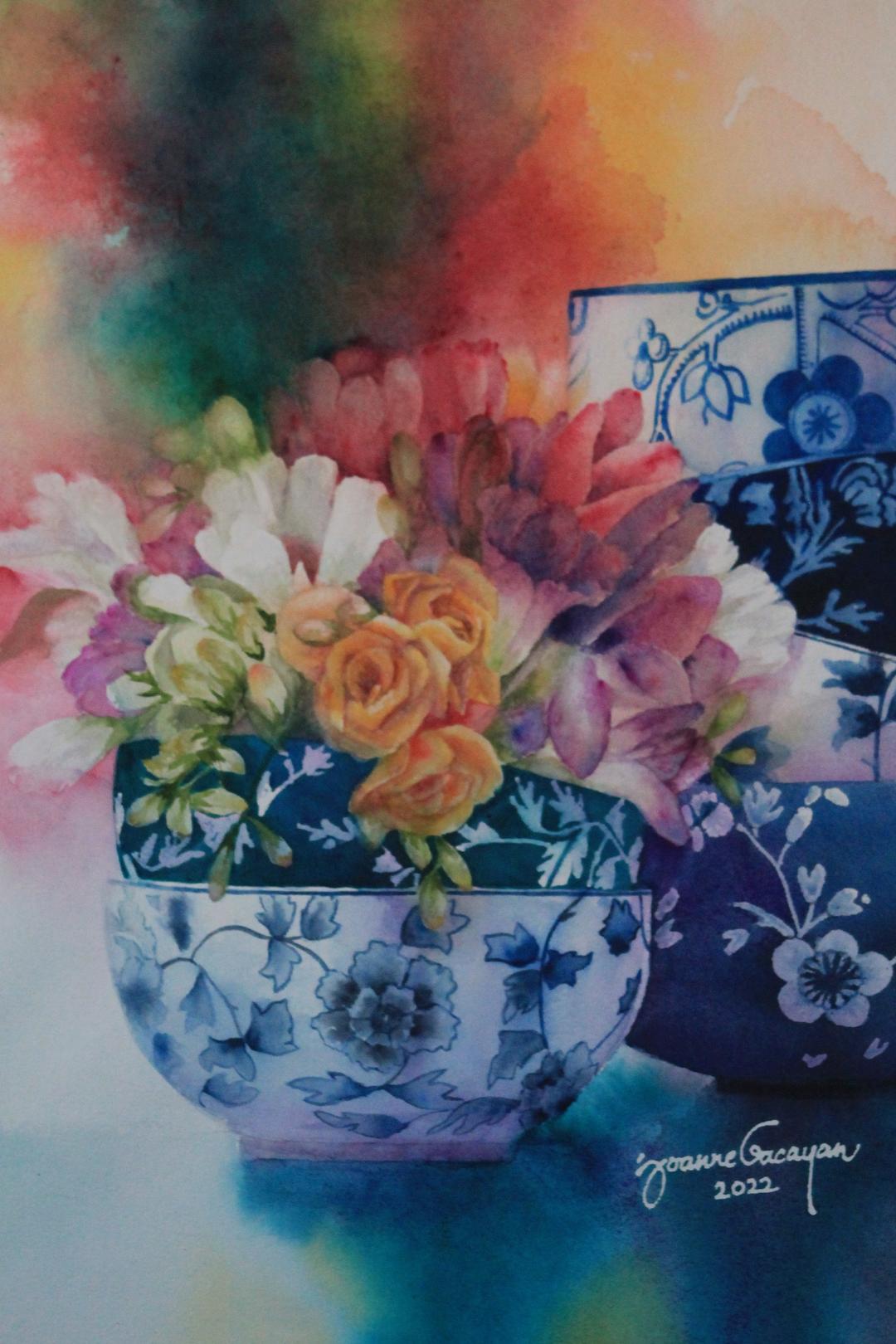 painting - Blues and Blooms (Paper Flowers)